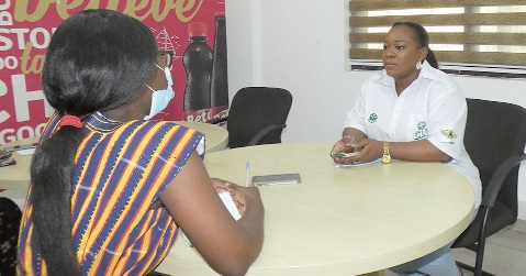  Mrs Joycelyn Twum-Barima (right), the Plant Manager of Accra Brewery Limited, in an interview with our reporter