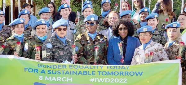  Commodore Faustina Anokye (3rd from right), Deputy Force Commander, and some female peace keepers at MUNIRSO commemorated the IWD 2022