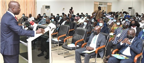 Samuel Abu Jinapor, Minister of Lands and Natural Resources, addressing participants during the opening session of a one-week management retreat organised by the Lands Commission in Accra. Picture: EMMANUEL QUAYE