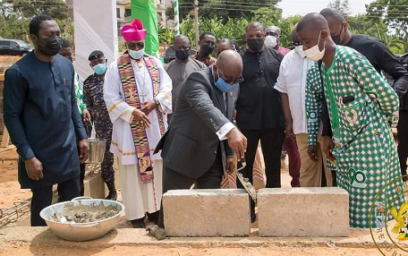 President Akufo-Addo laying a brick for commencement of work on the construction of a block of flats for teachers at St Augustine’s College, while Henry Arthur-Gyan (right), Headmaster of the college; the Most Rev. Charles Gabriel Palmer-Buckle (2nd from left), Patron of the college and Metropolitan Archbishop of Cape Coast, and other dignitaries look on