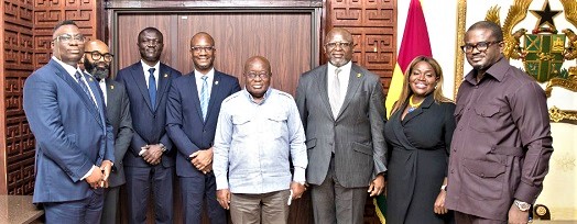 President Akufo-Addo (4th from right) with Dr Adesola Adeduntan (3rd from right), CEO of First Bank and Subsidiaries; Rosie Ebe-Arthur (2nd from right), Non-Executive Director of FBNBank, and Charles Adu Boahen (right), Minister of State at the Ministry of Finance