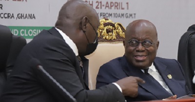 President Akufo-Addo interacting with Justice Kwesi Anin Yeboah (left), the Chief Justice, at the Community Court of Justice, ECOWAS in Accra. Picture: SAMUEL TEI ADANO