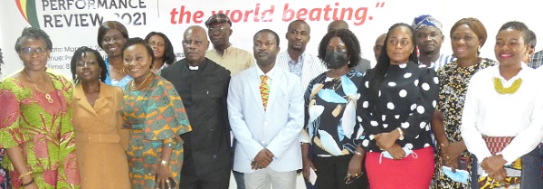 Dr Justina K. Ansah (3rd from left), Chief Executive Officer of the National Blood Service, with Dr Barnabas Kwame Yeboah (5th from left), Director of Nursing and Midwifery at the Ministry of Health, and some stakeholders at the National Blood Service Annual Performance Review forum. Picture: ELVIS NII NOI DOWUONA