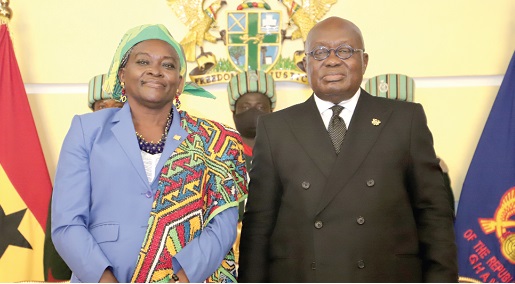 President Akufo-Addo (right) with Fidelia Graand-Galon, the Surinamese Ambassador to Ghana. Pictures:  SAMUEL TEI ADANO
