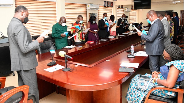 Dr Yaw Osei Adutwum (left), Minister of Education, administering the oaths to the members of the Ghana Skills Development Fund committee. Picture: EBOW HANSON