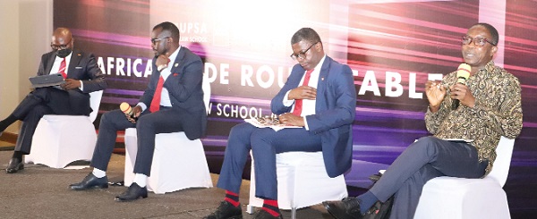  Dr Yaw Graham (right), Director of the Third World Network, making a point during a round table discussion organised by the UPSA in Accra. Those with him are Jamil Ampomah (2nd right), ACCA  Director for Africa; Prudence Sebahizi (2nd left) Chief Technical Advisor on AfCFTA, and Richard Dela Sky (left), a broadcast journalist. Picture: GABRIEL AHIABOR