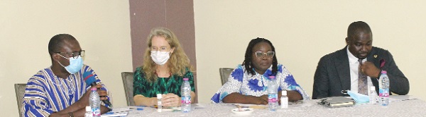  Sulemana Braimah (left), Executive Director, Media Foundation for West Africa, speaking at the programme. With him are Sussanne Fucks-Mwakideu (2nd from left), Programmes Director, DW Akademie;  Dr Winifred Nafisa Mahama (2nd from right), Director, ATI Division, Ministry of Information, and Yaw Sarpong Boateng (right), Executive Secretary, RTI Commission. Picture: ERNEST KODZI