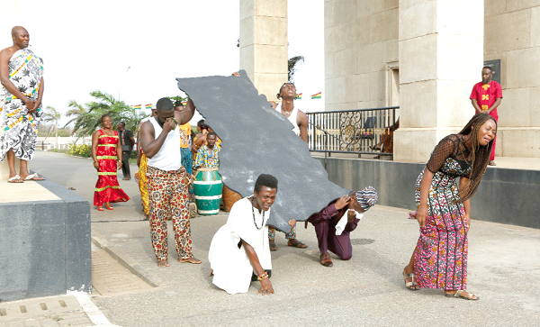 The cast of “Oman yi ye wo man” in a sketch at the event. Picture: EDNA SALVO KOTEY