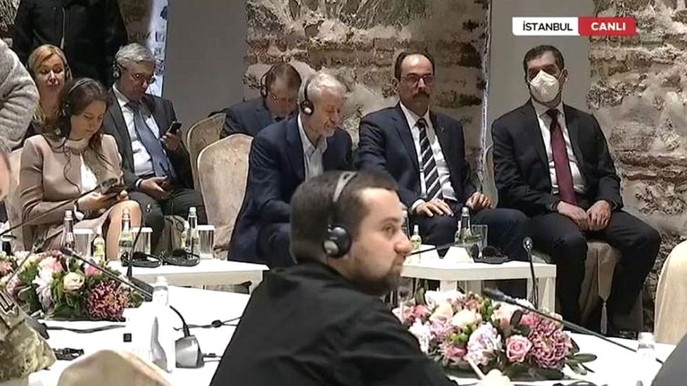 Roman Abramovich is seen sitting alongside President Recep Tayyip Erdogan's spokesman, Ibrahim Kalin