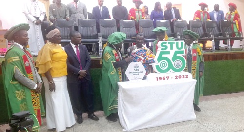 Dr Agyeman Boakye (4th from left), Chairman of the STU Governing Council,  and Barima Efiritete Sampong Siaw, Mawerehene of the Dormaa Traditional Area, jointly unveiling both the 55th anniversary and the endowment fund logos during the occasion