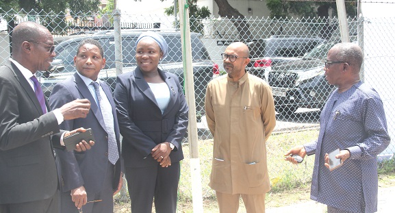 Roland Affail Monney (left) interacting with Abdourahamane Dialo (2nd from left), UNESCO Representative in Ghana; Fatimatu  Abubakari (middle), a Deputy Minister of Information, Irchad Razaaly (2nd rom right), the EU Ambassador to Ghana, and Yaw Boadu-Ayeboafoh (right), Chairman, National Media Commission, after the Press Freedom Day celebration. Pictures: BENEDICT OBUOBI