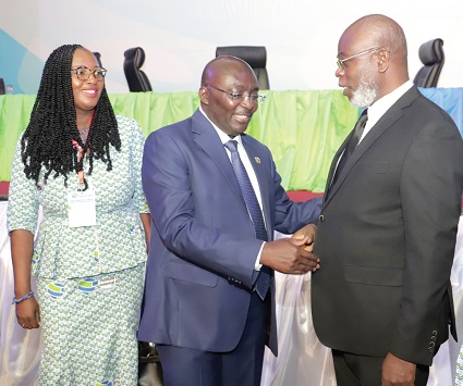 Vice-President Dr Bawumia (middle) interacting with Dr James Klutse Avedzi (right), Chairman, Public Accounts Committee of Parliament. With them is Harriet Karikari (left), President, IAA, Ghana. Picture: SAMUEL TEI ADANO 