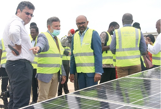 Roberto Schiliro (middle), Head of Infrastructure and Sustainable Development, EU, with Nadim Ghanem Jr (left), CEO, Miniplast, and Irchad Razaaly (right), EU Representative in Ghana. Picture: BENEDICT OBUOBI