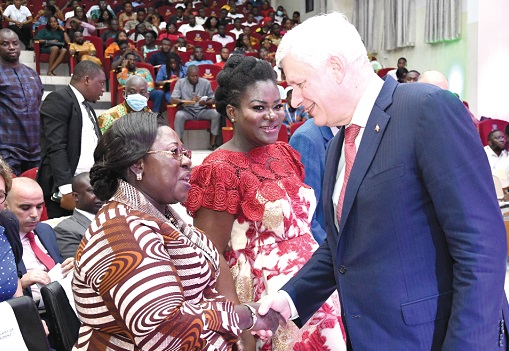 Stephen Harper (right), Chairman of the International Democrat Union, exchanging pleasantries with Akosua Frema Opare-Osei, Chief of Staff, after delivering his lecture. Picture: EBOW HANSON