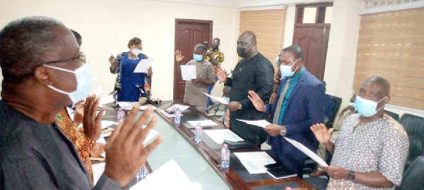FLASHBACK: Mrs Mavis Hawa Koomson, Minister of Fisheries and Aquaculture Development, swearing in members of the National Premix Fuel Committee