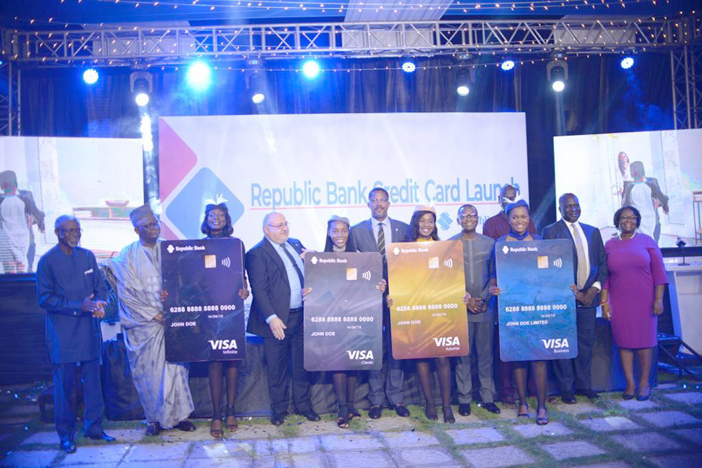 Farid Antar (4th left), the MD of Republic Bank Ghana, Charles Zwennes (6th left), the board chairman of the bank and some board members after unveiling the bank’s Visa Credit Cards
