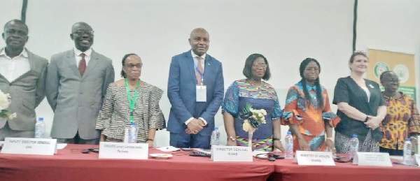 Prof. Stanley Okolo, Director-General of the West African Health Organisation (4th from left), Martha Gansa Lutherdrot, a representative of the Ministry of Health (5th from left), with other participants