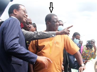 Dr Akinwumi Adesina (left), President of the AfDB, and Kwasi Amoako-Attah (arrowed), Minister of Roads and Highways, at the Pokuase interchange. Picture: BENEDICT OBUOBI