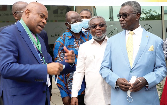 Prof. Stanley Okolo (left), Director-General, West Africa Health Organisation, explaining a point to Prof. Kwabena Frimpong Boateng (right), Chairman of the Vaccine Manufacturing Committee, and Dr Anthony Nsiah-Asare (2nd from right), Presidential Advisor on Health, after the meeting. Looking on are other participants. Picture: EDNA SALVO-KOTEY