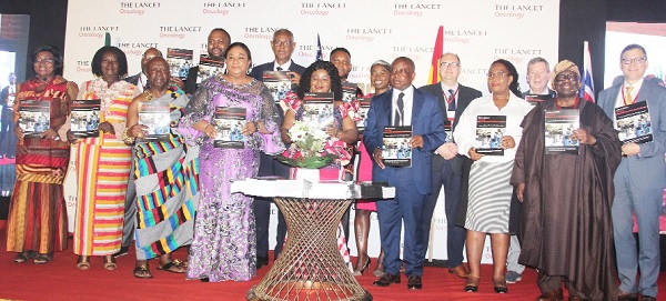  Mrs Rebecca Akufo-Addo (4th from left), First Lady, with Dr Beatrice Wiafe Addai (middle), Founder, Breast Care International; Kwaku Agyeman-Manu (3rd from right), Minister of Health; Ogyeahohoo Yaw Gyebi II (3rd from left), President, National House of Chiefs, and other dignitaries during the launch of the Lancet Oncology Book. Picture: BENEDICT OBUOBI
