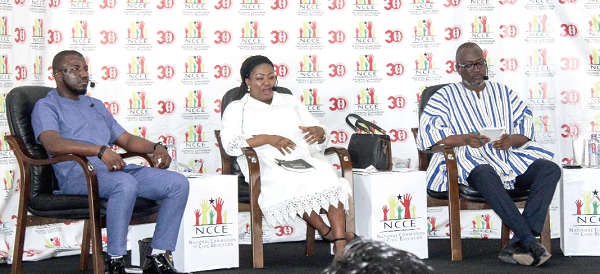 Dr Seidu Alidu (left), Senior Lecturer, Political Science Department, UG;  Clara Beeri Kasser-Tee (middle), Lecturer, School of Law, UG, and Prof. Henry Kwesi Prempeh (right), Executive Director, CDD-Ghana, in a panel discussion at the lecture.   Picture: ERNEST KODZI