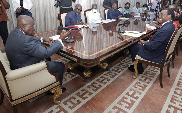  President Akufo-Addo addressng a delegation from African Development Bank, led by Dr Akinwumi A. Adesina (right), President of the African Development Bank. Picture: SAMUEL TEI ADANO