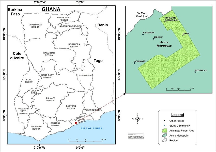 A map of Ghana showing the Achimota Forest Reserve a tropical urban forest