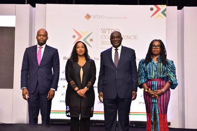Wamkele Mene (1st from left), Secretary General of AfCFTA Secretariat, Pamela Coke-Hamilton (2nd from left), Executive Director of ITC, Alan Kyerematen (2nd from right), Minister of Trade and Industry, and Dr Afua Asabea Asare (right), CEO of GEPA, during the WTPO conference