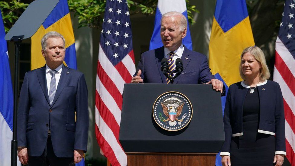 Joe Biden alongside Sweden's Magdalena Andersson and Finland's Sauli Niinisto on Thursday
