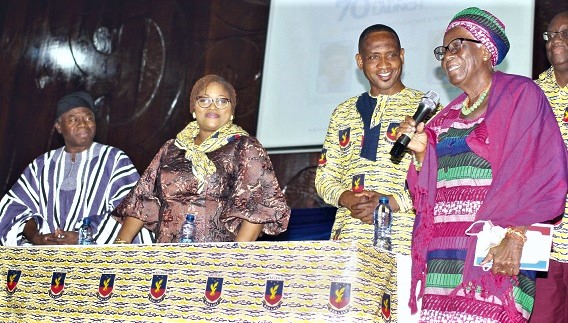 Margaret Gadzekpo (right), a pioneer of KETASCO, making some remarks at the 70th anniversary launch. With her are Naa Dr Alhassan Andani (left), former Managing Director of Stanbic Bank Ghana, Dr Grace Amey-Obeng (2nd from left), CEO of FC Group Limited, and Isaac Dzidzienyo, Headmaster of KETASCO. Picture: MAXWELL OCLOO