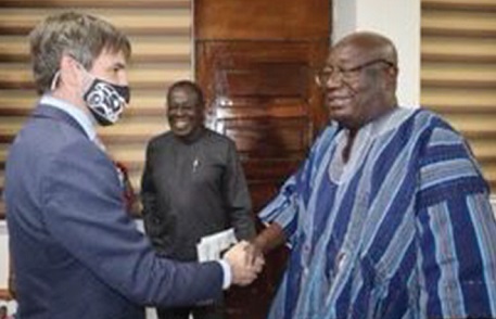 Dr Kwaku Afriyie (right), Minister of Environment, Science, Technology and Innovation, welcoming Steven Guilbeault, the Canadian Minister of Environment and Climate Change, to his office in Accra 