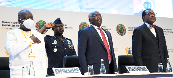 Ken Ofori-Atta (left), Minister of Finance, Vice-President Alhaji Mahamudu Bawumia and Mr Akinwumi Adesina, President of AfDB, acknowledging the national anthem of Ghana on their arrival for the closing session of the annual general meeting of the AfDB. Picture: EBOW HANSON