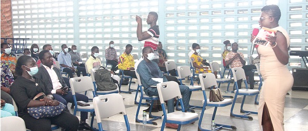 Pauline Anaman (right), Senior Policy Analyst, Africa Centre for Energy Policy, making a presentation at the career guidance training in Accra. Picture: BENEDICT OBUOBI