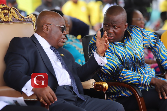 President Akufo-Addo in a tete a tete with the Lands and Natural Resources Minister, Samuel Abu Jinapor