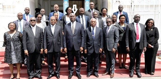 Justice Kwasi Anin Yeboah (arrowed), Chief Justice, and Justice Richard Buteera (3rd from left),  Deputy Chief Justice of Uganda, with some Justices of the Supreme Court of Ghana and members of the Ugandan delegation