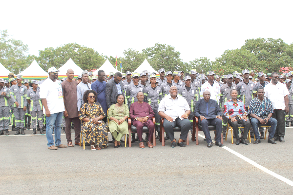 Ambrose Dery (seated 3rd from right), Minister of the Interior, and Henry Quartey (seated 4th from right), Greater Accra Regional Minister, with some officials and the response team. Picture: ESTHER ADJORKOR ADJEI