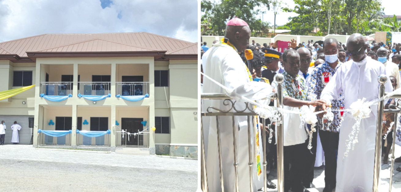 The new mission house. Most Rev. Joseph Afrifah-Agyekum (left), the Catholic Bishop of the Koforidua Diocese, offering prayers as Rev. Fr Frederick Opoku Obeng (right), in charge of the Parish at Adweso, cuts the tape to officially inaugurate the building. Looking on are other members of the clergy as well as church members