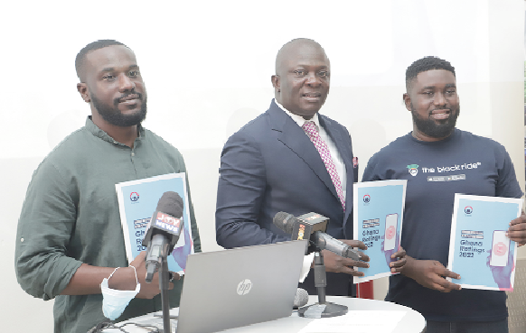 Bryan Acheampong (middle), Member of Parliament for Abetifi, together with Eyram Annan-Wuaku (left), Operations Specialist, Glovo, and Tony Khah (right), Chief Executive Officer,The Black Ride in Accra.Picture: SAMUEL TEI ADANO