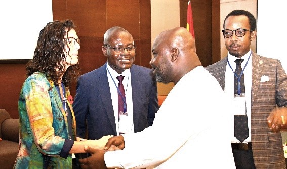 ichael Okyere Baafi (2nd from right), Deputy Minister of Trade and Industry in a handshake with Ms Harriet Thompson (left), the British High Commissioner to Ghana, during the Standards Partnership Pilot launch. With them are Prof. Alex Dodoo (2nd from left), President of the African Organisation for Standadisation and Director General of the Ghana Standards Authority, and an official of ARSO. Picture: EBOW HANSON