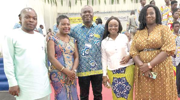 David Ahiadzro (left) Head, Blood Donor Recruitment, Maame Kwaaba Stephens (2nd from left), Voluntary Blood Donor Brand Ambassador, Rev. Fr. Martin Oduro Bilson (middle), Rector/Headmaster, St. Francis Seminary SHS, Buoyem, Techiman, Dr. Shirley Owusu-Ofori (2nd from right), Ag. CEO, NBS, and Philomena Quayson (right), Principal Blood Dpnor Organiser after the launch