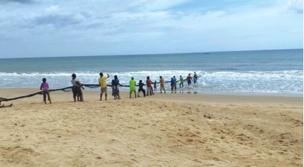 Community members at Langma drawing a net from the sea. Credit: Abednego Brandy Opey