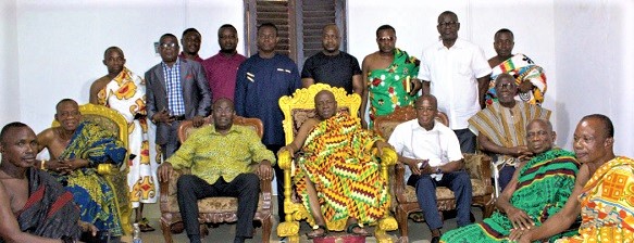 Delegation from GIADEC and OPCL with Ogyeahoho Yaw Gyebi II (seated middle), the President of the Western North Regional House of Chiefs and Sefwi Anhwiaso Traditional Council,  and his elders at his palace in Sefwi Anhwiaso