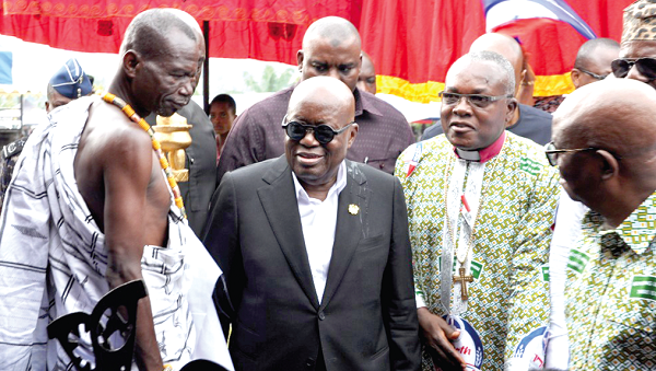 President Akufo-Addo (2nd from left) on his arrival at the durbar.  With him are  Rt Rev. Dr Lt Col Bliss Agbeko (rtd), (2nd from right), Moderator of the General Assembly of the EPCG, and Archibald Letsa (right), the Volta Regional Minister