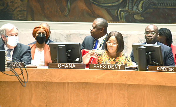 Shirley Ayorkor Botchwey, (second right) Minister of Foreign Affairs and Regional Integration, speaking at the dialogue while Antonio Gutteres (left), UN Secretary-General looks on at the Chatham House in London