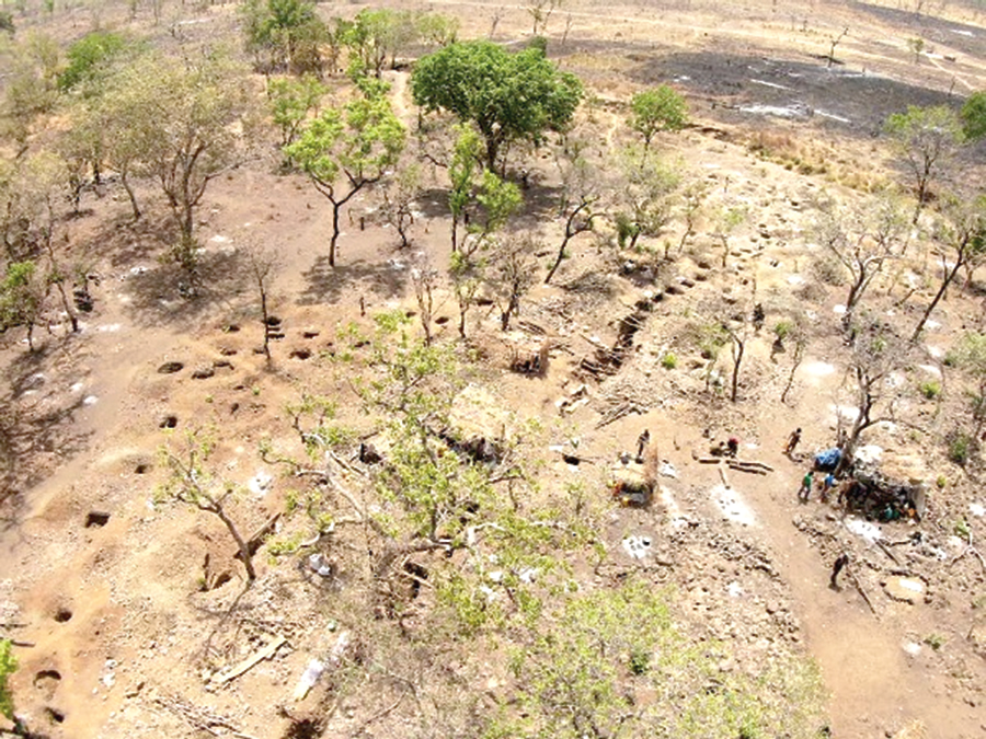 Aerial view of a vast area destroyed by galamsey