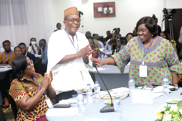 Esther Ofei-Aboagye (right), Chairperson, Star Ghana Foundation, interacting with Mawutor Ablo (2nd from left), Director,  Ministry of Gender, Children and Social Protection. With them is Mercy Larbi (seated), a Deputy Commissioner, CHRAJ. Picture: SAMUEL TEI ADANO