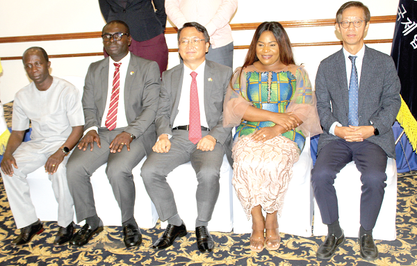  Dominic Adjei Annang (2nd from left), outgoing KAAG President, with Lovia Afoakwa (2nd from right), President of KOICA Alumni Association of Ghana, and Jung -Taek Lim (middle), Korean Ambassador to Ghana. With them is Moo-Heon Kong (right), Country Director of Koica, and some executive members. Picture: ESTHER ADJORKOR ADJEI