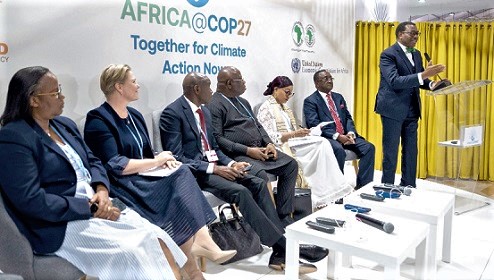 Dr Akinwunmi A. Adesina  President of the African Development Bank, welcoming the participants in the  high-level event, while the panel members look on