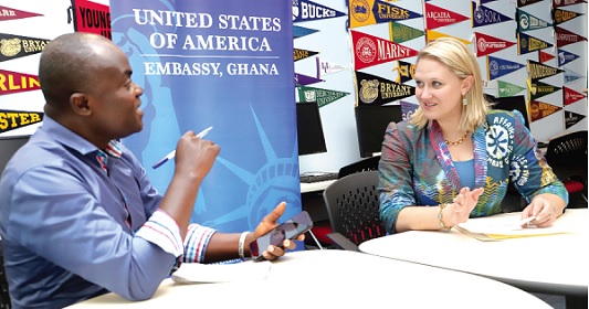 Emmanuel Bonney (left), a Staff Writer of the Daily Graphic, interviewing Laneice Brooker,the Cultural Affairs Attache of the US Embassy in Accra. Picture: SAMUEL TEI ADANO