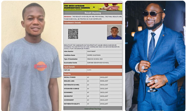 Davido offers Sunyani SHS student who got 8As scholarship to his father's university